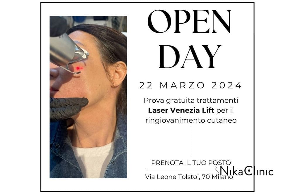 Donna sottoposta ad un trattamento viso Laser Venezia Lift, per il ringiovanimento della pelle, durante un evento Open Day Esclusivo per servizi di ringiovanimento cutaneo presso la Nika Clinic a Milano.