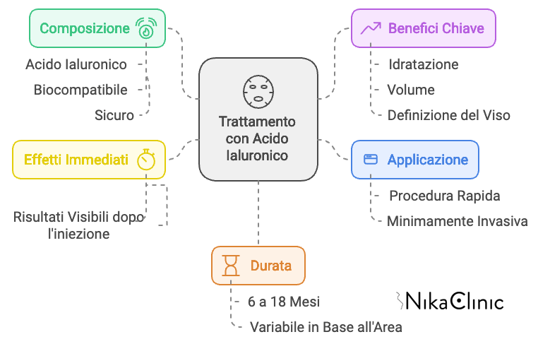 Diagramma che illustra i benefici e i dettagli del trattamento con acido ialuronico, tra cui la sua composizione, gli effetti immediati, la durata, i vantaggi principali e il processo di applicazione dei filler. Cosa sono e come funzionano queste soluzioni cosmetiche in italiano.