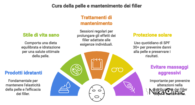 Infografica sulla cura della pelle e la manutenzione dei filler, che evidenzia l'effetto dei filler attraverso uno stile di vita sano, prodotti idratanti, trattamenti di mantenimento, protezione solare ed evitando massaggi aggressivi.