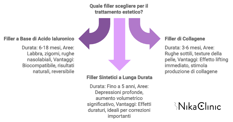 Diagramma di flusso che confronta tre tipologie di Filler: Acido Ialuronico, Sintetico Long-Lasting e Collagene. Descrive durata, aree di utilizzo e vantaggi per ogni trattamento.