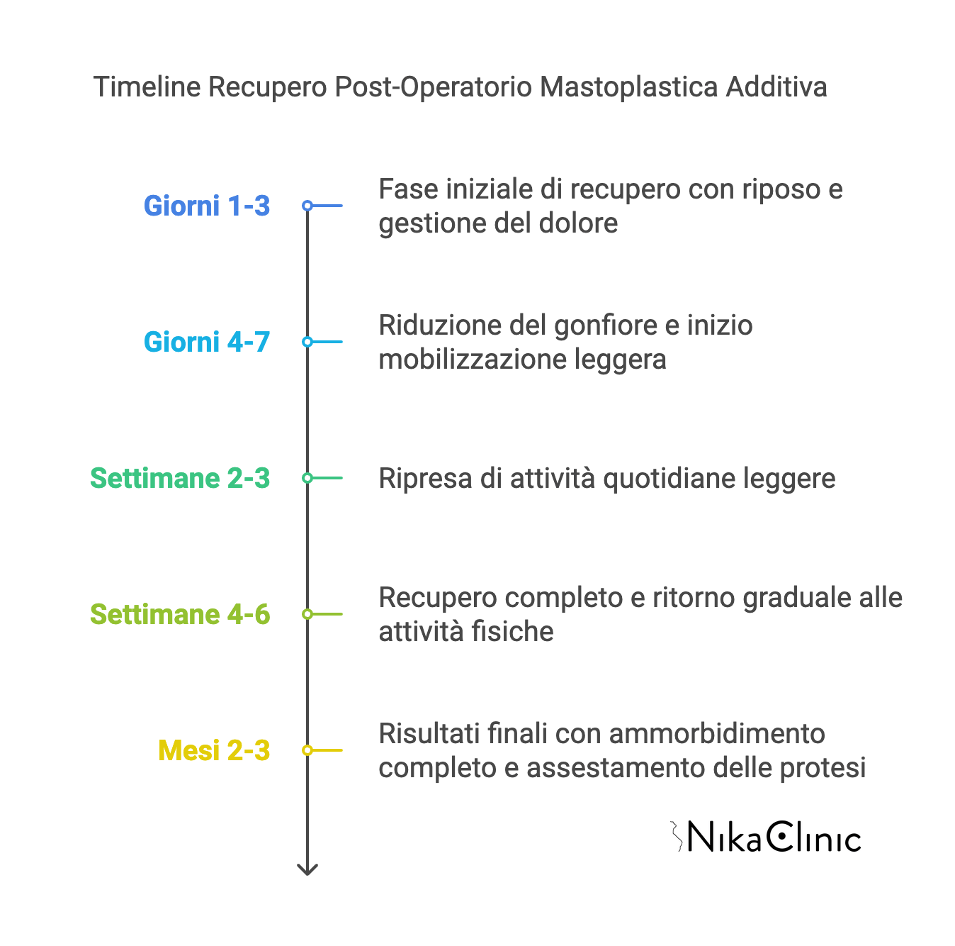 Una cronologia del recupero post-operatorio per la Mastoplastica Additiva, che illustra le fasi dal recupero iniziale ai risultati finali nell'arco di mesi. Con durate codificate a colori e descrizioni in italiano, la guida sottolinea il raggiungimento di un seno naturale con una forma naturale durante tutto il processo.