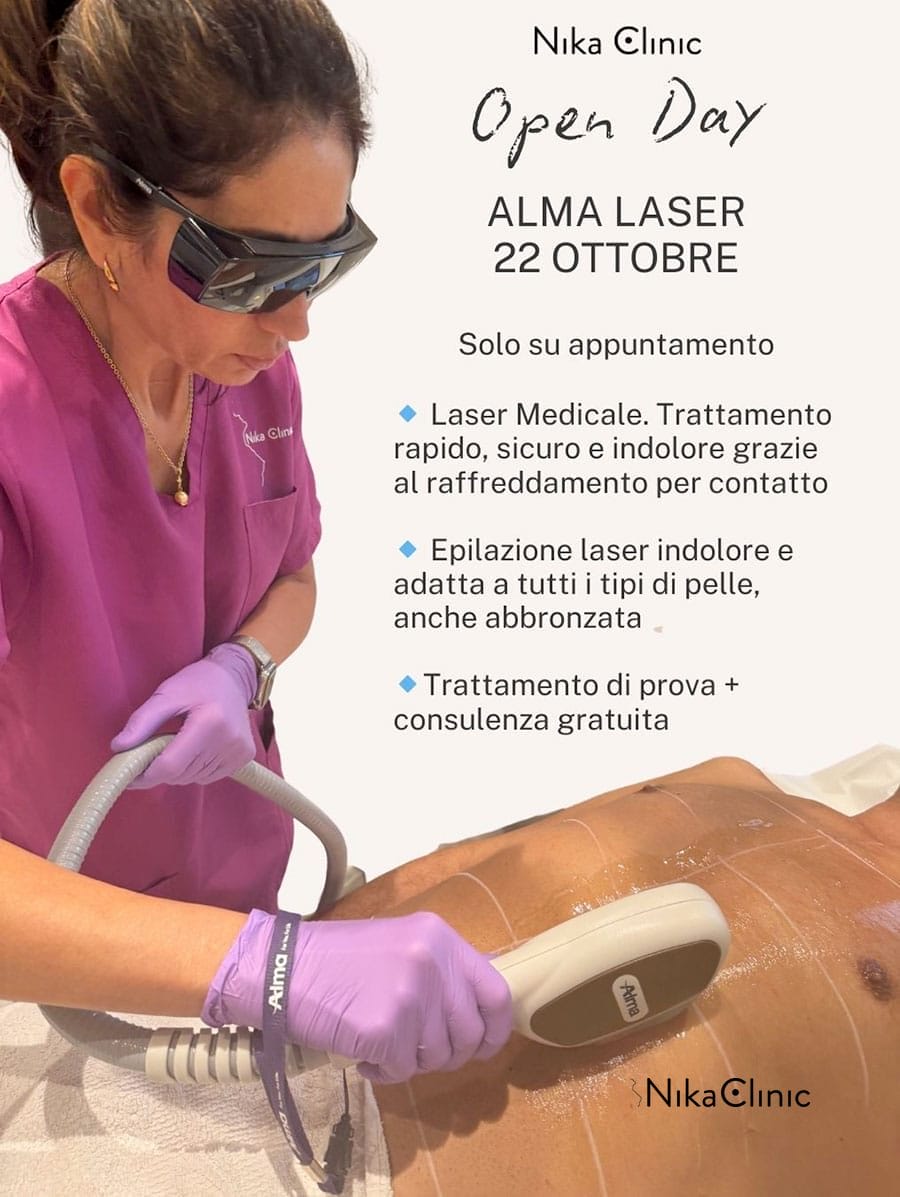 Un medico utilizza il dispositivo Alma Laser SHR sulla schiena di un paziente; i dettagli dell'evento per il nostro Open Day laser, comprese le opzioni per la Prova Gratuita, sono elencati.